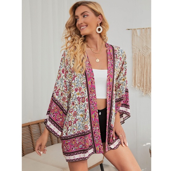 Floral Boho Kimono Style Open Coverup Batwing Sleeve - Picture 11 of 14